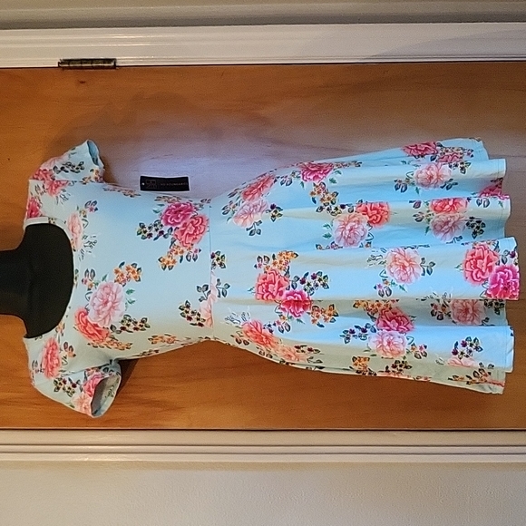 Womens Mint Green Flower Print Short Sleeve Open Back Dress - Picture 1 of 5